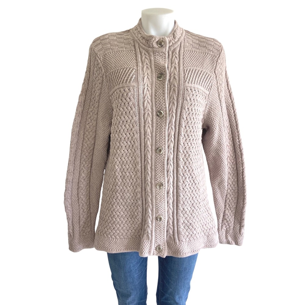 LL Bean Women XL Mauve Taupe 100% Cotton Cable Knit Button Cardigan 290399
